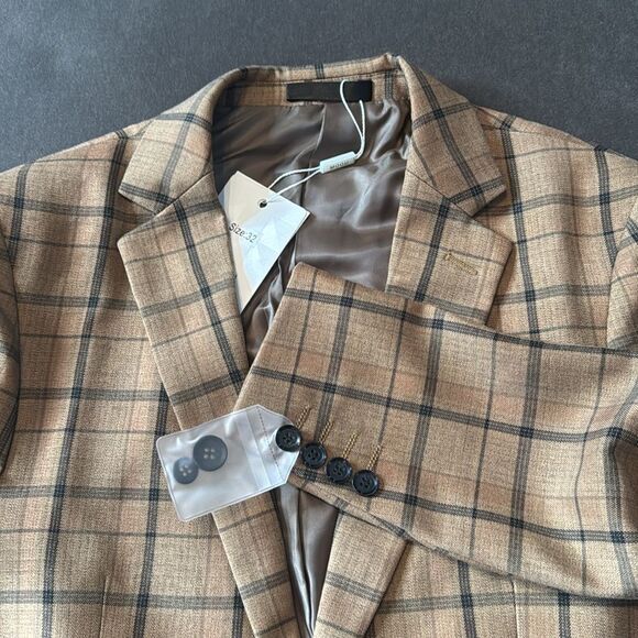 Men’s Brown Plaid 3 Piece Suit One Button Notched Lapel 32 Jacket 30 Pants NWT - Picture 16 of 16